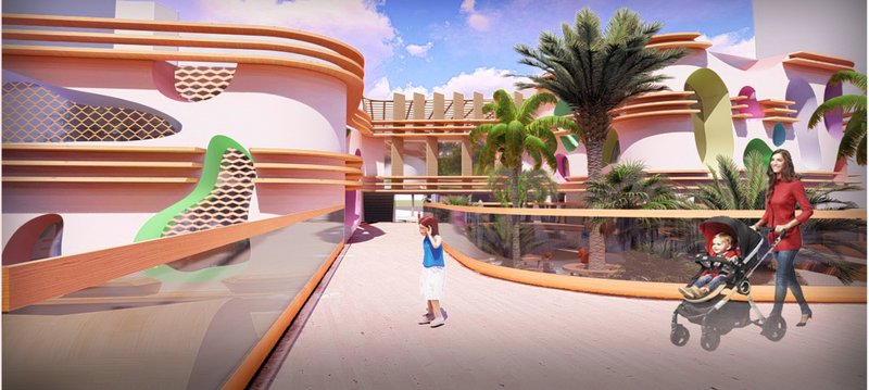 Porous building envelope shaping shaded walkways and naturally ventilated circulation spaces.