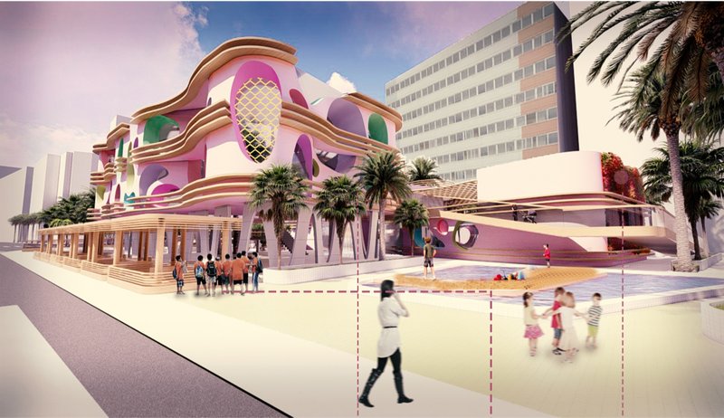 Biomimetic section illustrating sponge-inspired form, airflow, and responsive climatic volume.