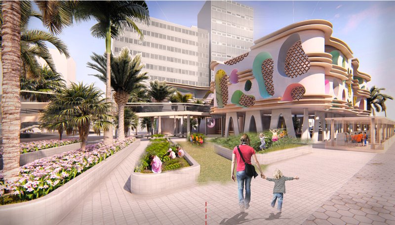 Street-level view highlighting passive shading, raised massing, and child-centric public engagement.