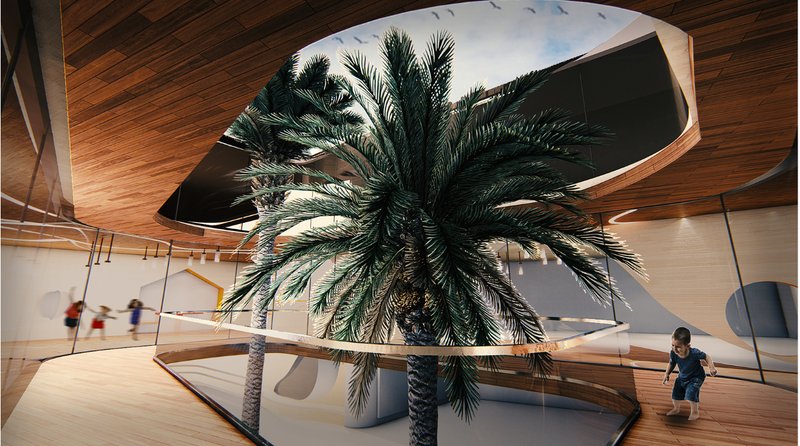 Landscape-integrated courtyards creating microclimates for play, learning, and social interaction.