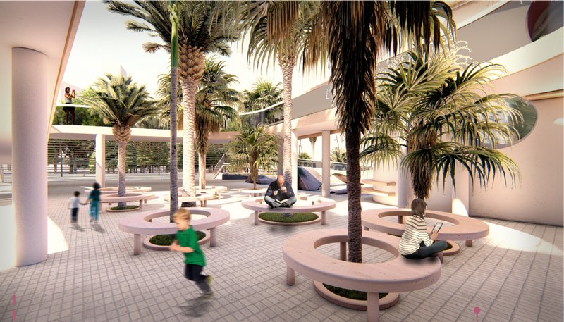 Shaded outdoor seating beneath palm canopies supporting thermal comfort in tropical conditions.