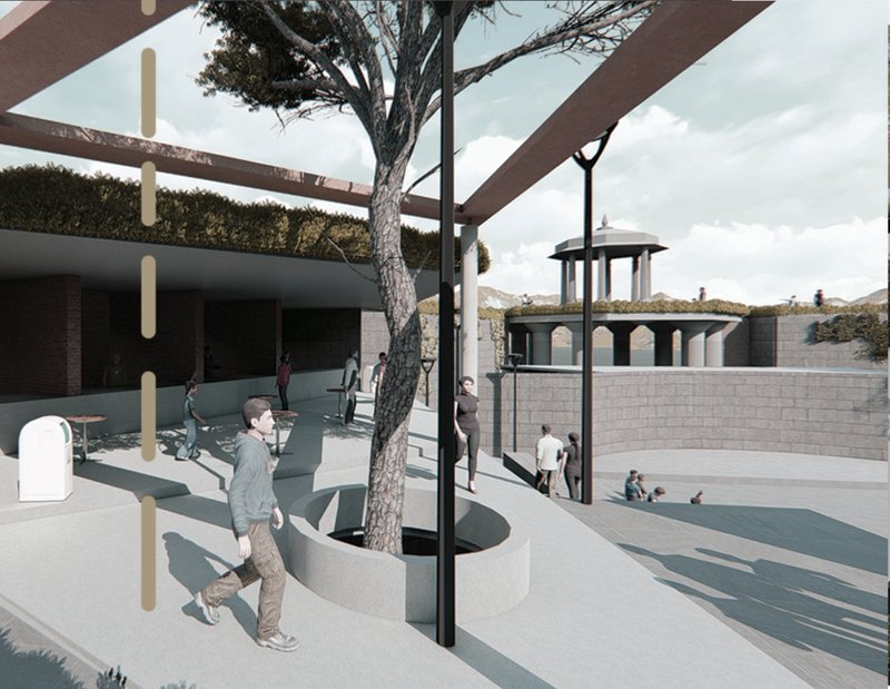 A shaded public concourse where landscape, structure, and movement intersect, introducing visitors to the experiential narrative of VARSA.