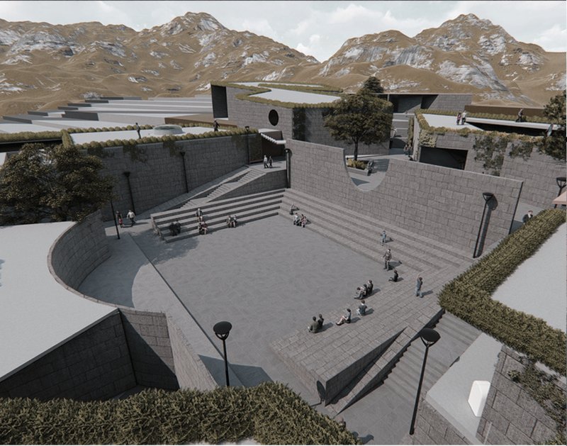 The central amphitheater emerges as a civic core—an open forum shaped by stepped stone geometry and collective gathering.