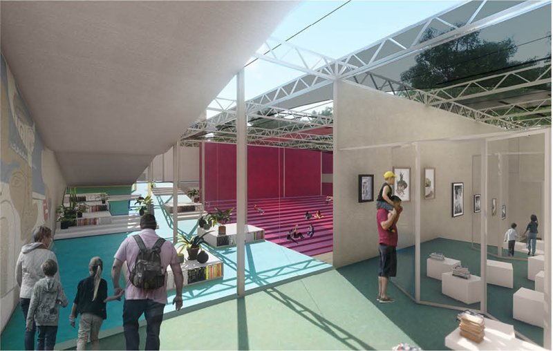 View across the open-air gallery showing magenta stepped seating and white exhibition walls under truss roof