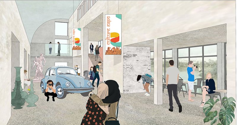 Flexible exhibition spaces encouraging interaction between art, people, and everyday life.