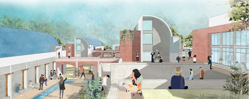 A vibrant public courtyard integrating water, landscape, and informal cultural activities.