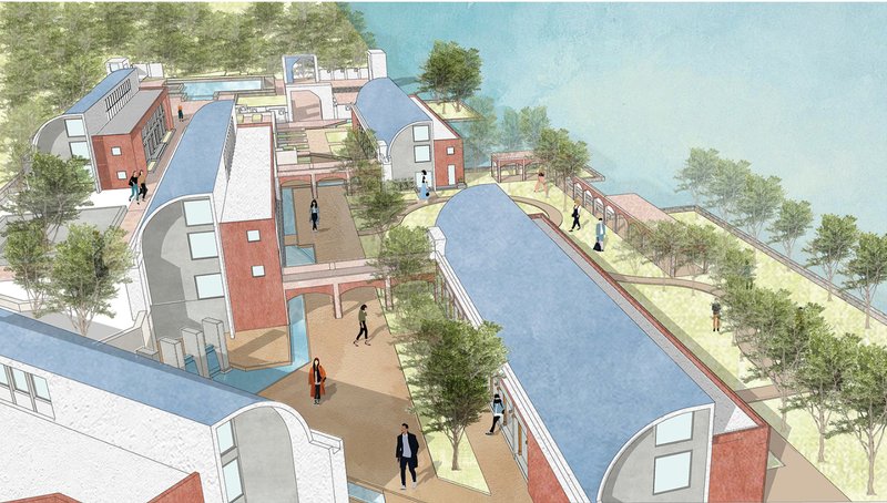 Curved roofs and terraced forms responding to topography and lakefront context.