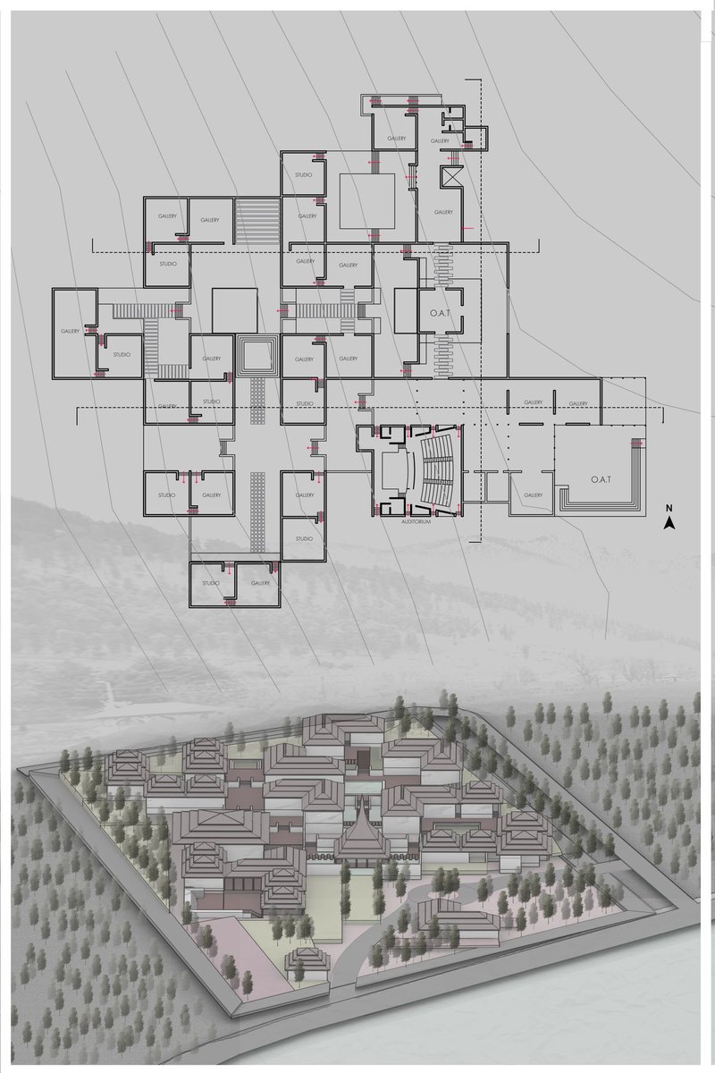 A modular campus layout organized around a central axis, combining galleries, studios, performance areas, and a library inspired by traditional Kashmiri settlement patterns.
