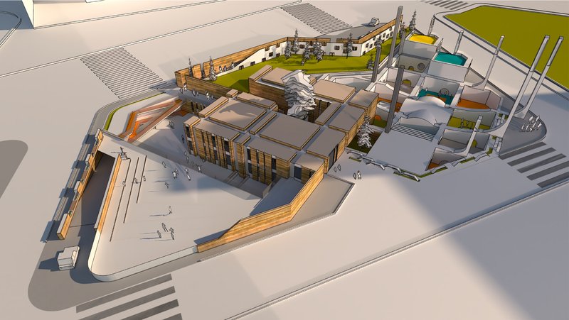 Aerial axonometric view illustrating the compact, earth-sheltered massing and courtyard-based organization of Organon Day Care.