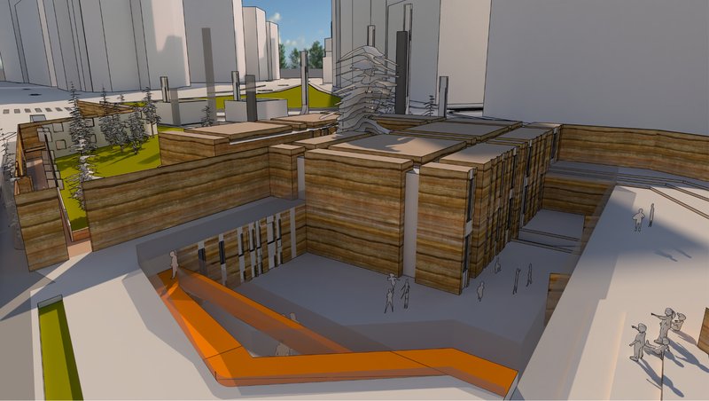 Introverted building form with rammed-earth walls, minimizing heat gain while framing shaded internal circulation.
