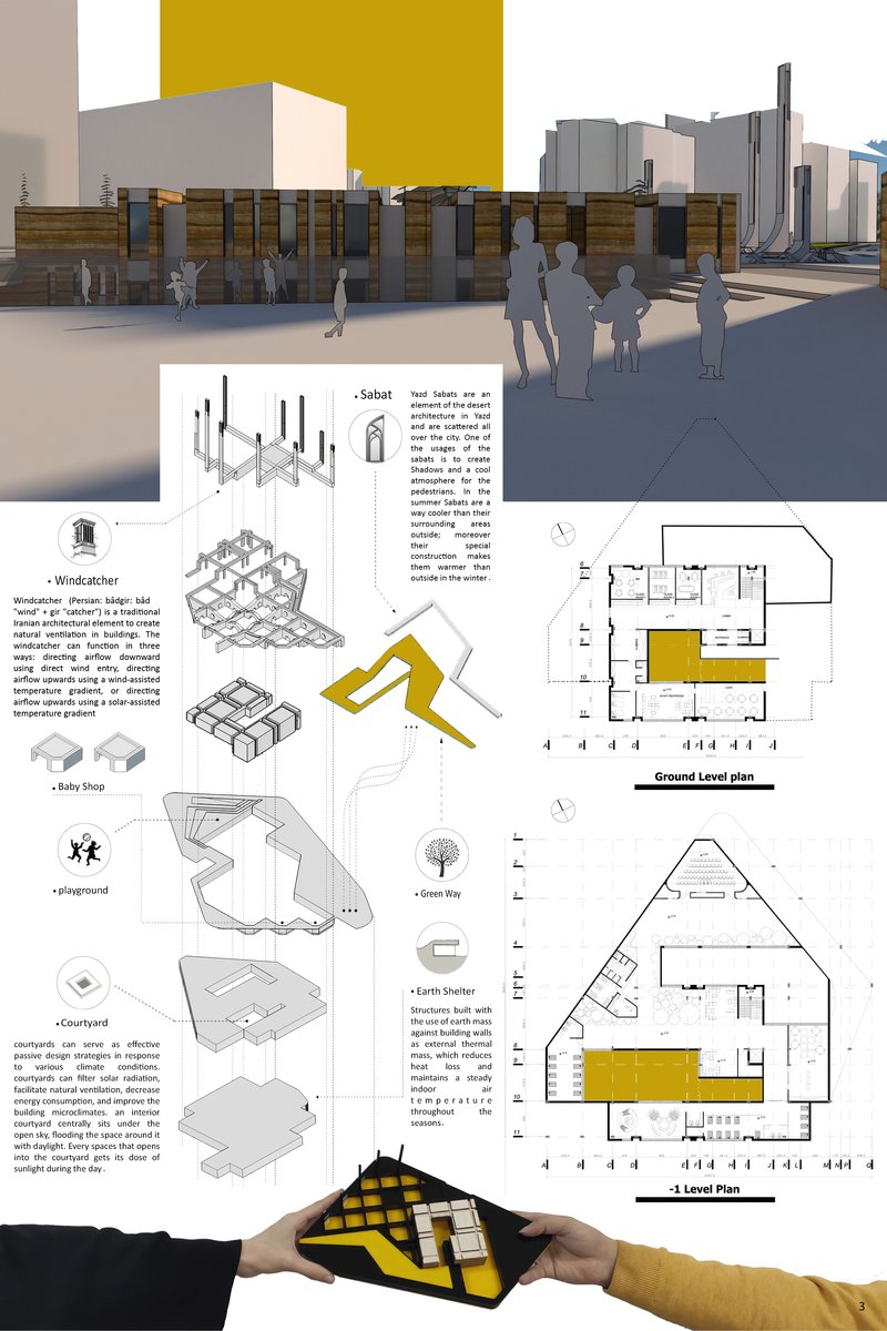 Street-level perspective showing the closed perimeter and vertical wind elements responding to Yazd’s hot and arid climate.