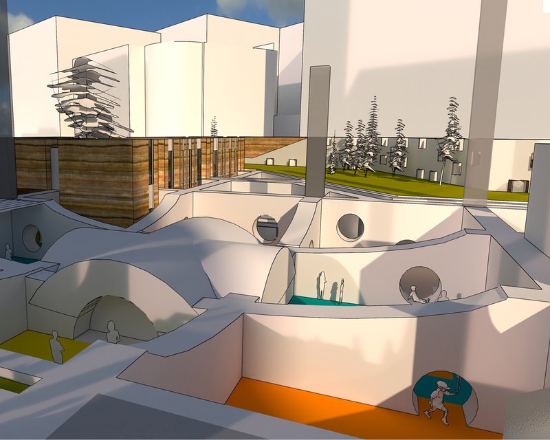 Subterranean children’s play spaces shaped by light wells and curved earth forms, creating a thermally stable environment.