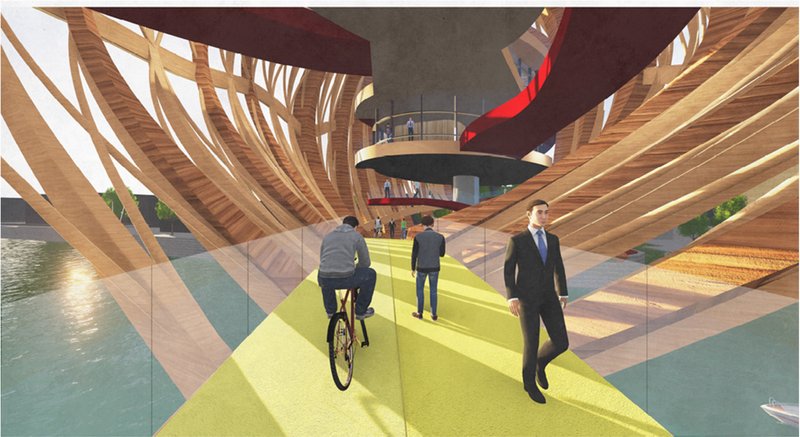 The fast track at the centre enables seamless movement for cyclists and pedestrians through the bridge core.