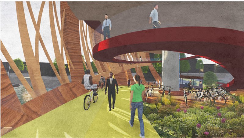 Interior view highlighting the slow track, greenery, and layered pedestrian experience within the bridge.