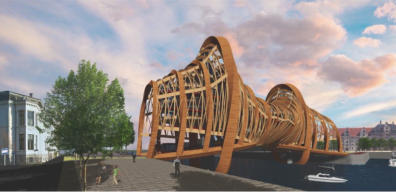 North bank elevation expressing the organic timber structure and its integration with the urban waterfront.