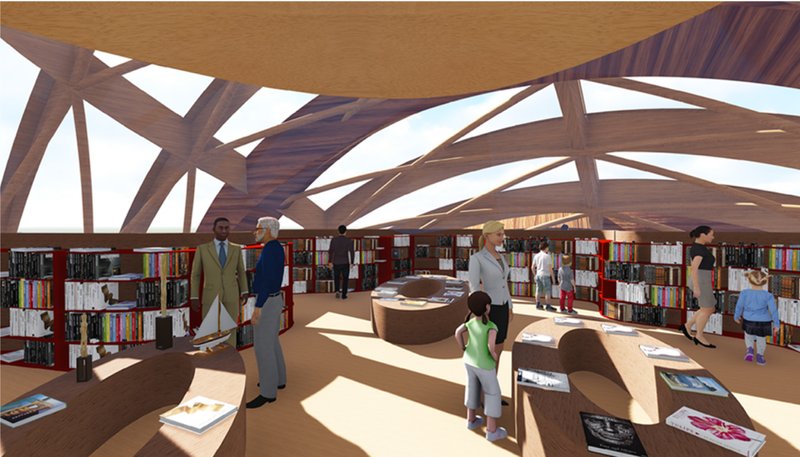 Third-floor library and reading room offering a quiet public space framed by the timber roof structure.