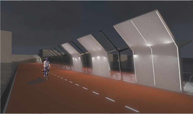 Night-time activation of the bridge highlights its self-managing lighting system and continuous cyclist-focused mobility corridor.
