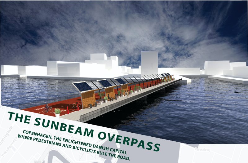 A linear sustainable pedestrian bridge integrating solar canopies, rest zones, and segregated cycling paths across Copenhagen’s waterfront.