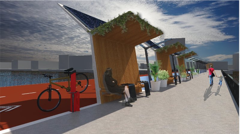 Timber-clad seating modules with integrated solar panels transform the bridge into a shaded public space for pedestrians and cyclists.