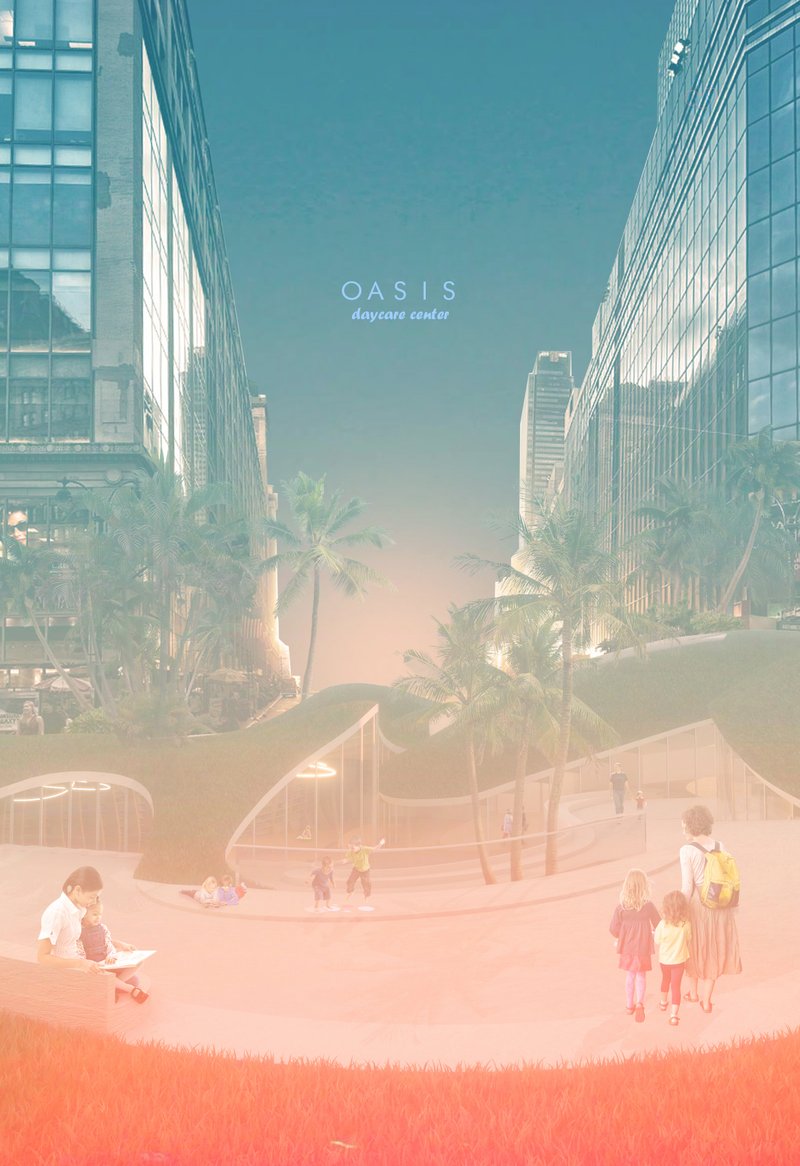 Sand play area with curved pavilions surrounded by palm trees and glass towers in hazy light