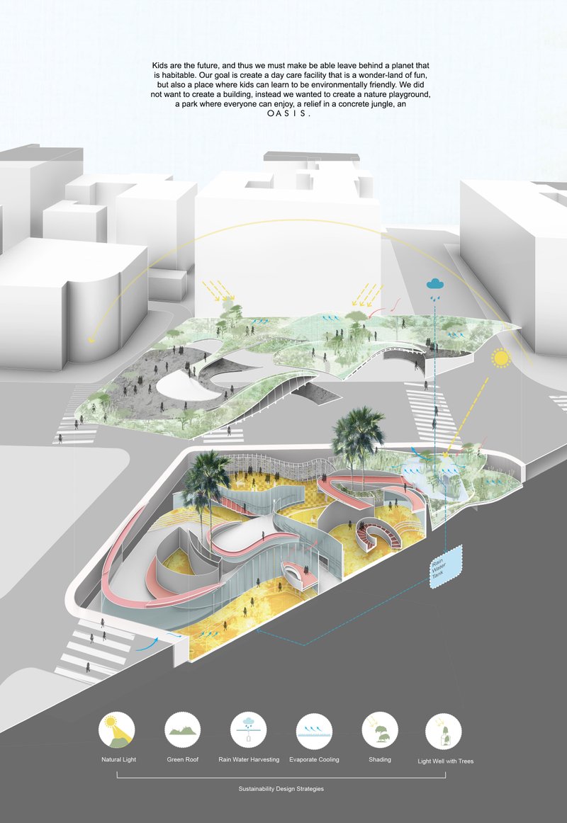 Axonometric cutaway drawing showing a park with underground play spaces carved into the ground plane