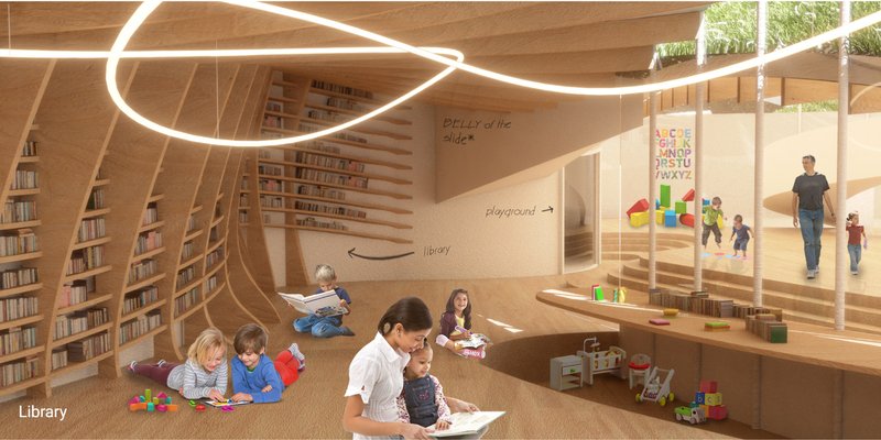 Interior library space with curved timber shelving and pendant ring lighting above children reading on the floor