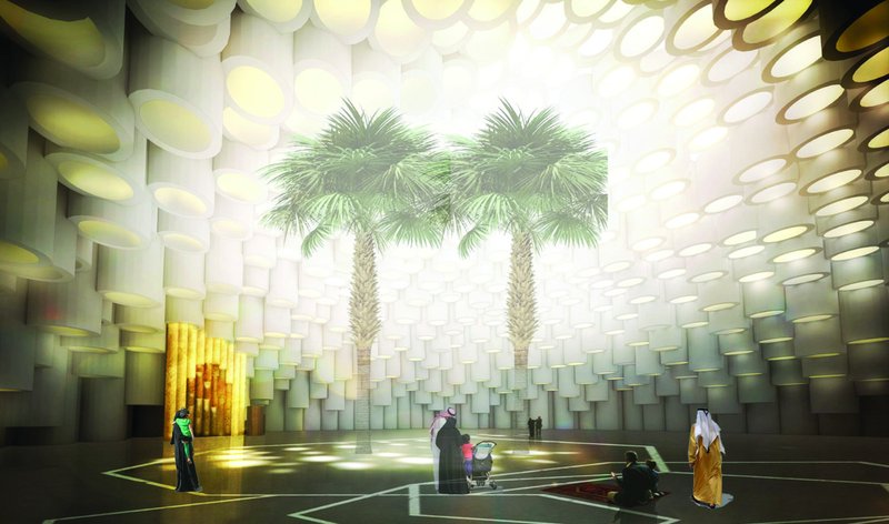 A luminous central atrium where cylindrical light wells and palm trees create a serene, uplifting public space for reflection and gathering.