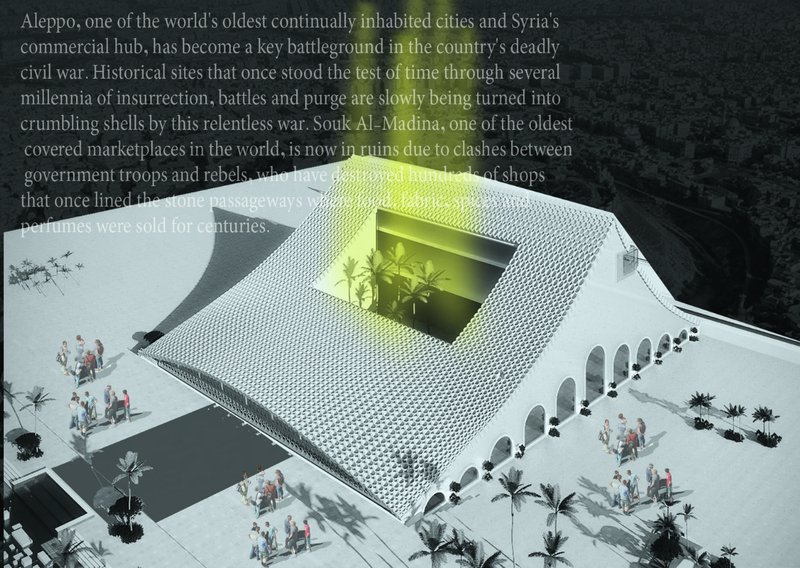 An elevated view revealing the project’s sweeping geometric roof and central opening, symbolizing renewal within Aleppo’s transforming urban fabric.