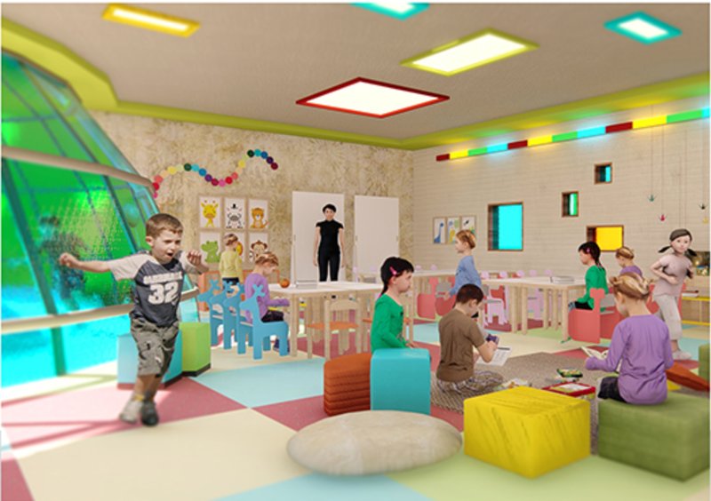 Flexible indoor learning space designed for thermal comfort, visual stimulation, and age-appropriate interaction.