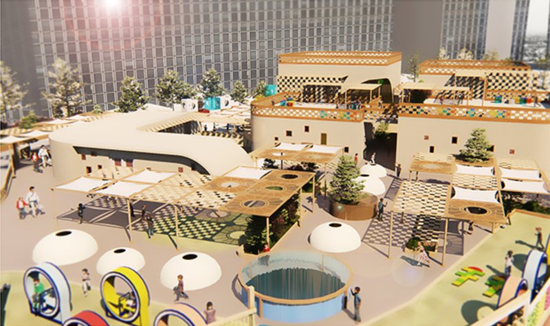 Overall massing and outdoor courtyards demonstrating climate-responsive form, shading structures, and social play zones.