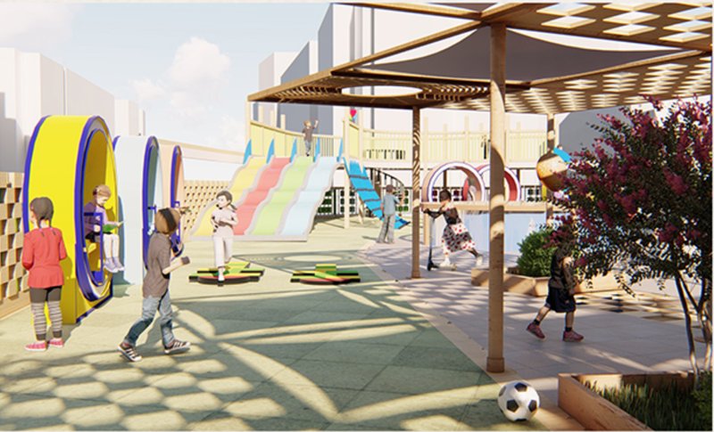 Shaded outdoor playground integrating passive cooling, controlled sunlight, and safe exploratory movement for children.
