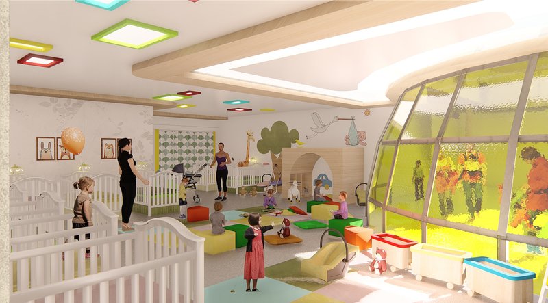 Infant and toddler care space emphasizing soft daylight, thermal stability, and a calm, protective interior atmosphere.