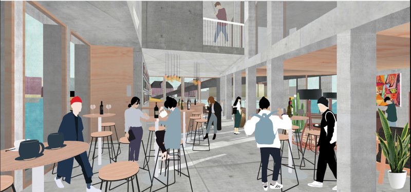 Interior civic space integrating café, exhibition, and waiting areas within the bridge structure.