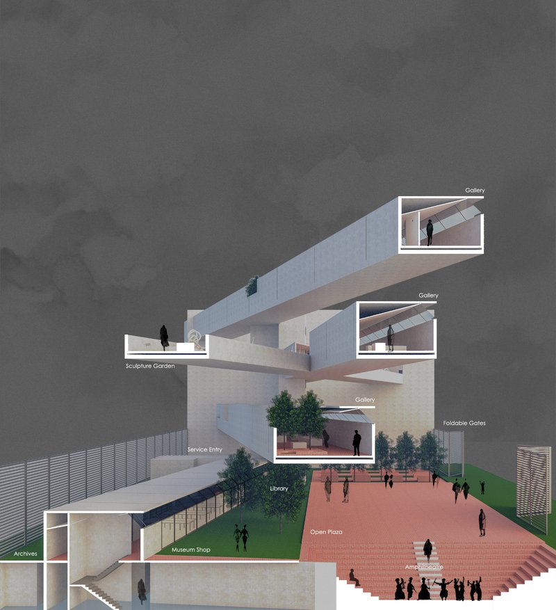 A clear dialogue between elevated galleries and the participatory public realm below, uniting museum and city.