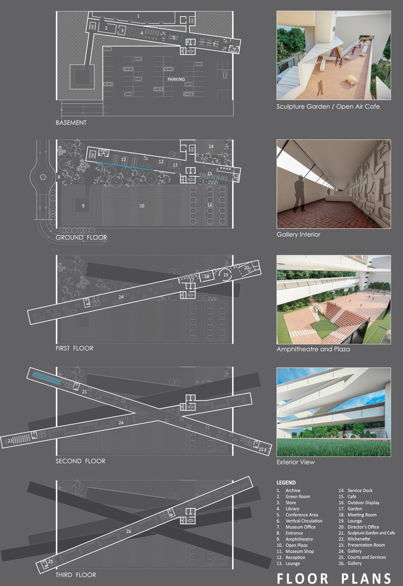 A layered program integrating galleries, archives, plaza, amphitheatre, and public amenities into a cohesive cultural system.