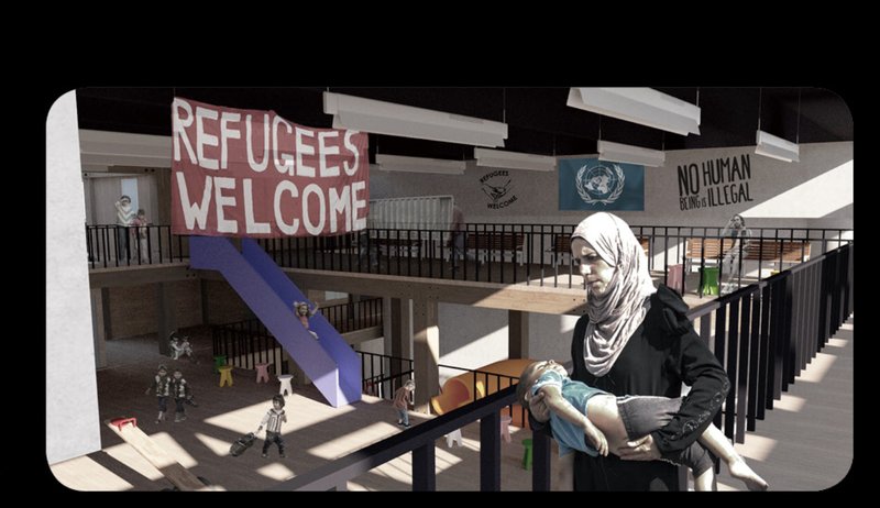 Interior view showing shared play and circulation spaces designed to support families and children within the temporary habitat.