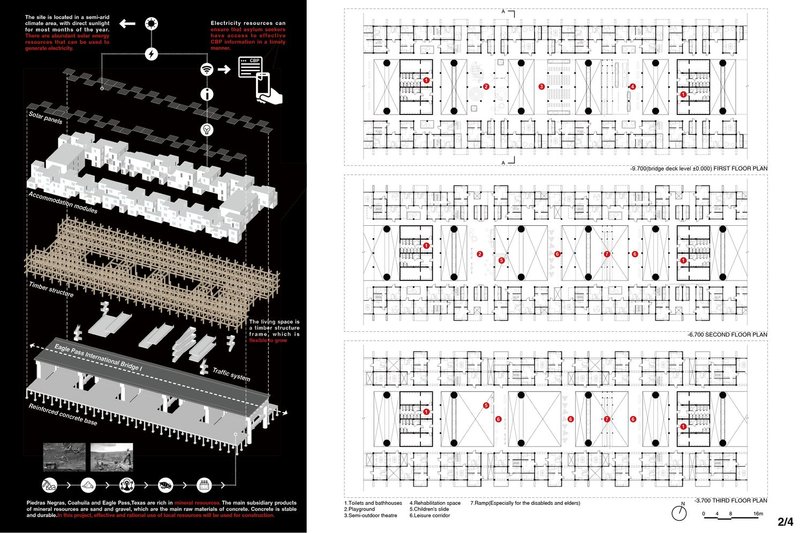 Exploded axonometric and floor plans illustrating the modular accommodation system layered over the international bridge.