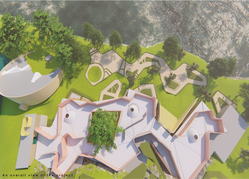 Overall roofscape and landscape integration reinforcing the project’s non-monumental character.