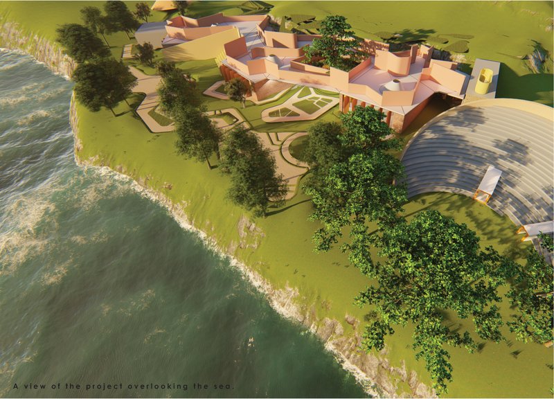 Aerial view showing the project merging cultural architecture with the coastal landscape.