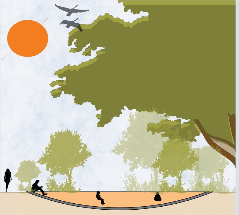 The funnicle gathering space as a social third space shaped by terrain and light.