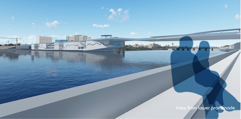 The fluid bridge form emerges gently above the river, creating a seamless connection with the waterfront.