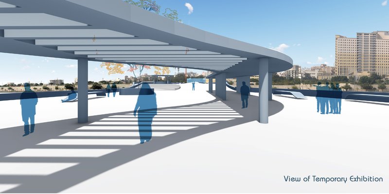 Shaded pathways and open platforms designed for rotating exhibits and public interaction.