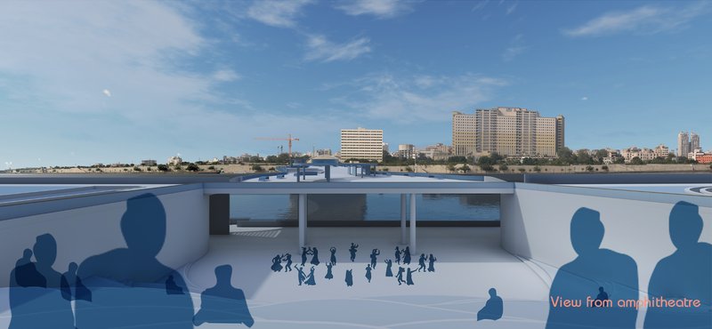 A sunken performance arena overlooking the river, designed for cultural events and community gatherings.