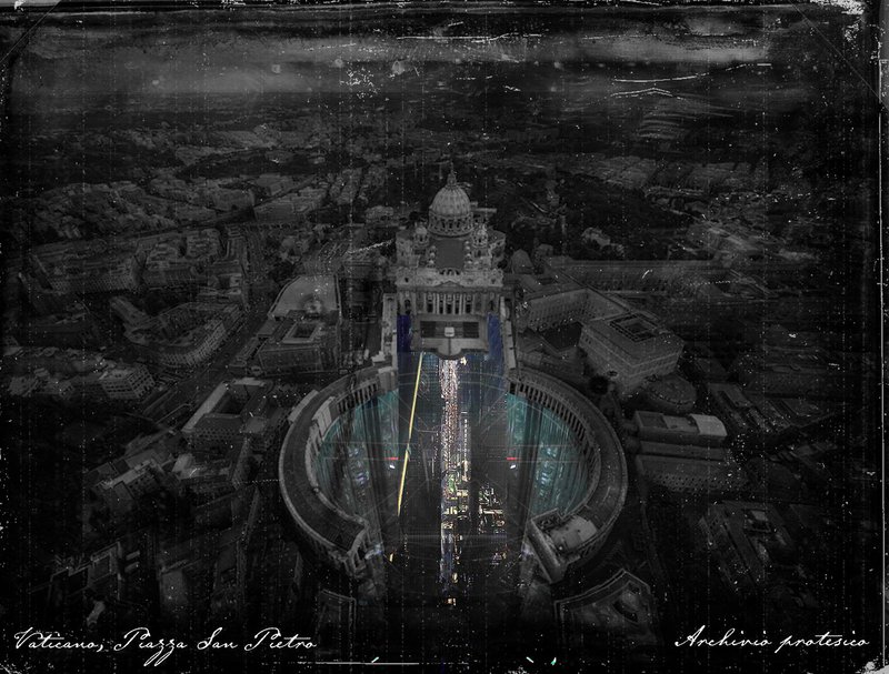 Aerial intervention at Vatican City, where historical memory intersects with a speculative prosthetic archive.