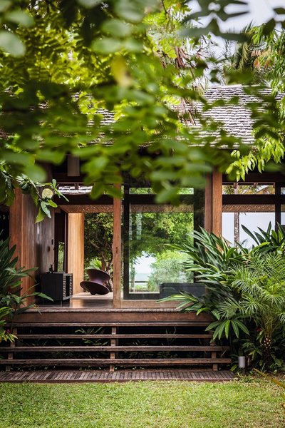 This architectural image showcases a tropical-style house with a wooden facade, glass doors, and a d