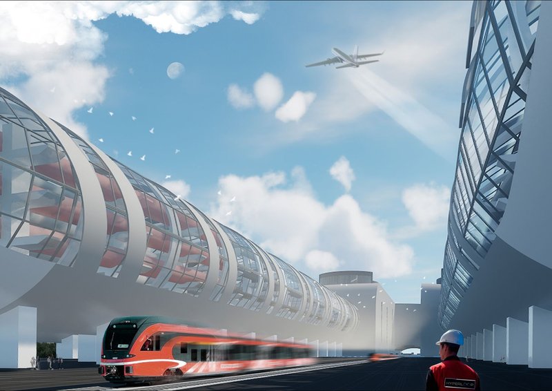 Elevated view of transparent tube structure with train emerging below a cloudy sky with airplane overhead