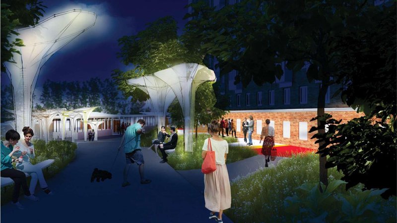 Night-time public promenade activating Kolomenskaya with soft lighting and social seating.