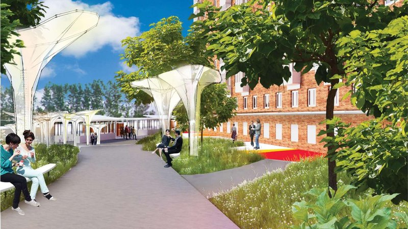 Daytime view of pedestrian-friendly pathways integrated with landscape and shade structures.