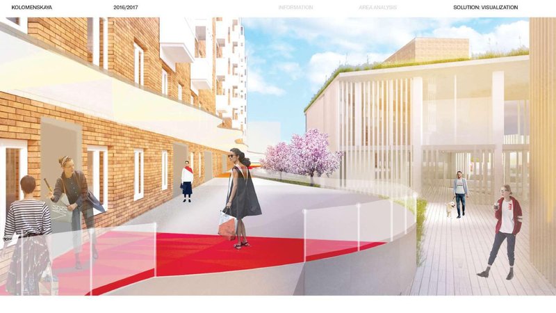 Red pedestrian spine guiding movement through the regenerated residential block.