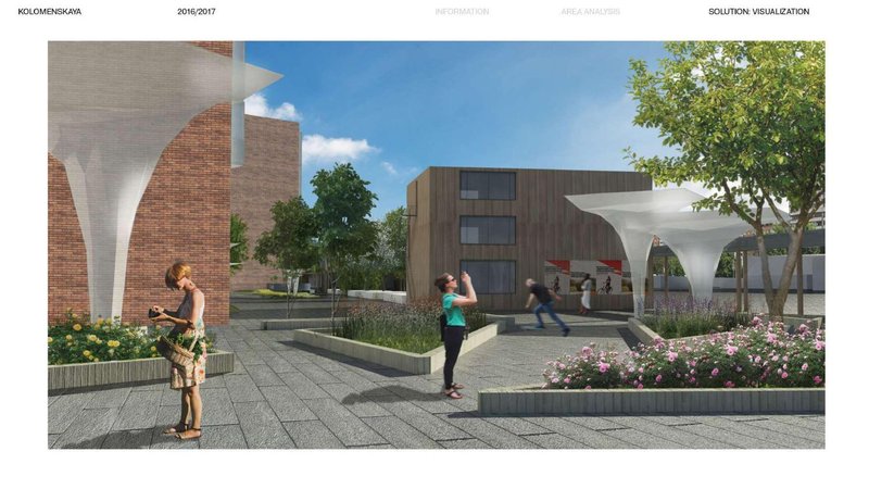 Human-scale neighborhood square combining landscape, pavilions, and everyday urban life.